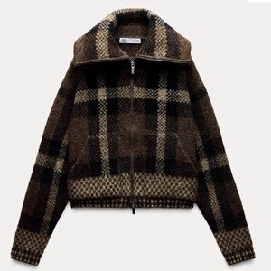 Zara Plaid Knit Bomber Jacket Size Small